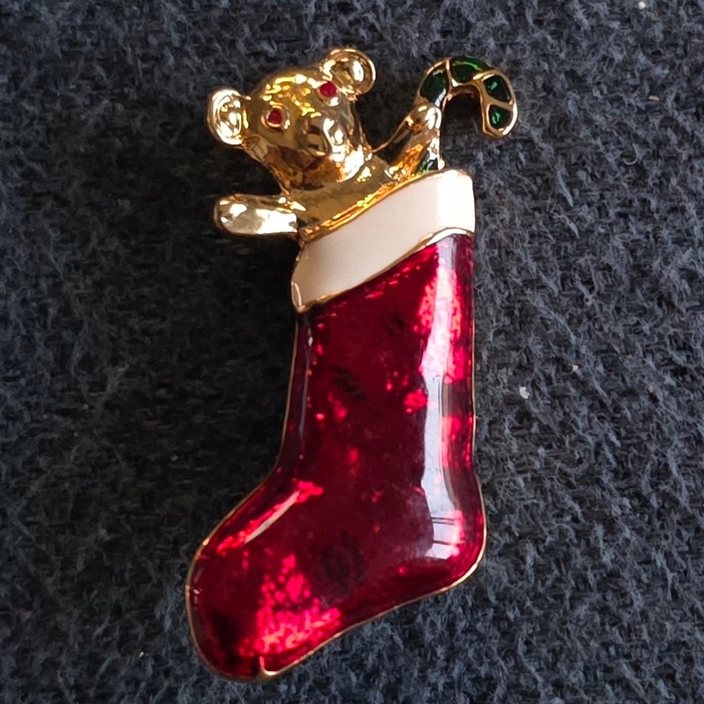 Vintage Christmas Stocking Brooch Gold Tone Teddy Bear Red Enamel Holiday Pin